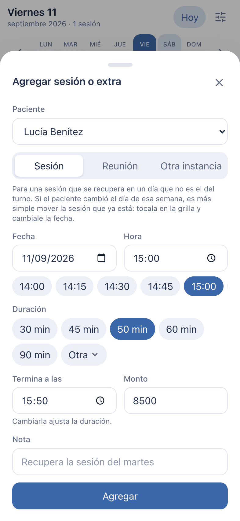 Captura: Agendar una sesión suelta