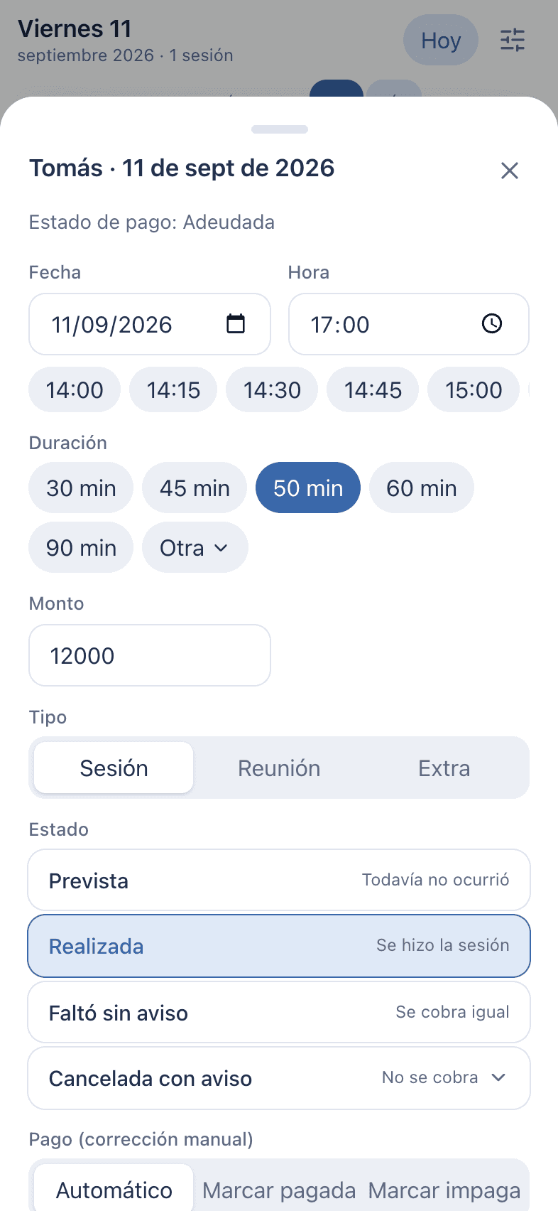 Captura: Cambiar una sesión desde la agenda