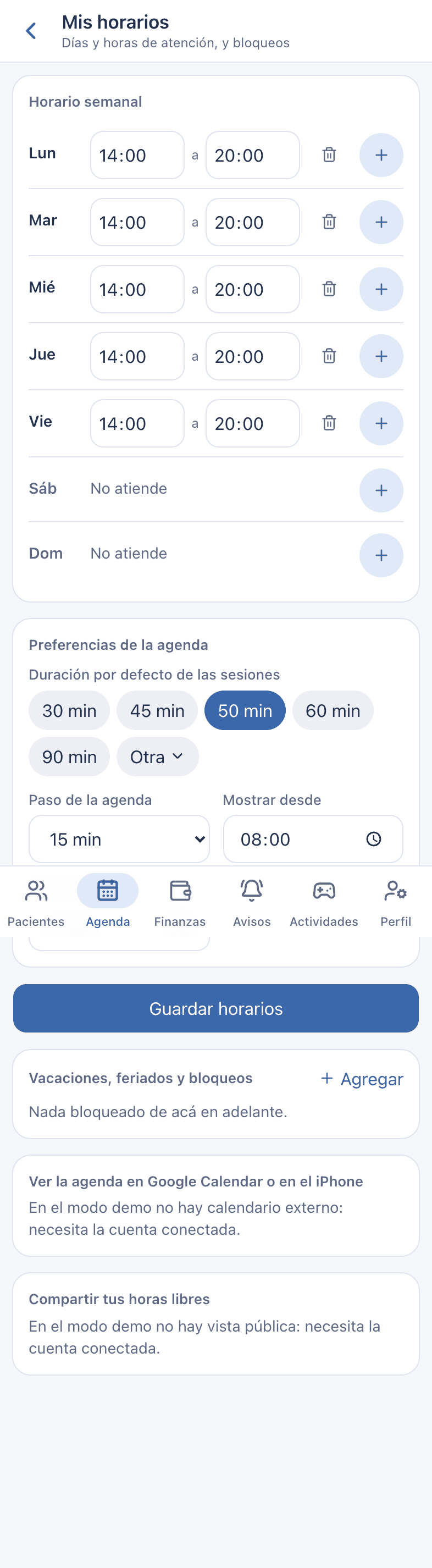Captura: Bloqueos y calendario externo