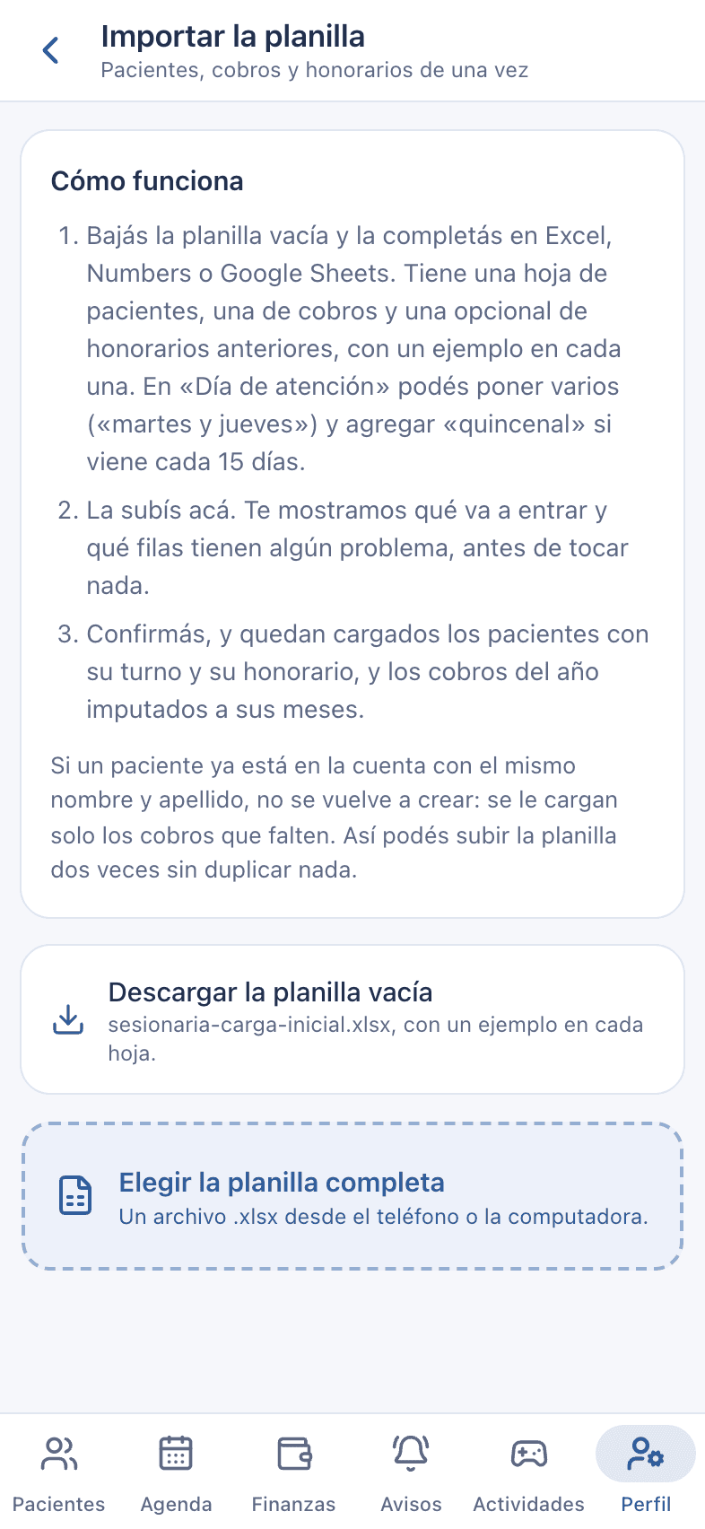 Captura: Importar desde la planilla