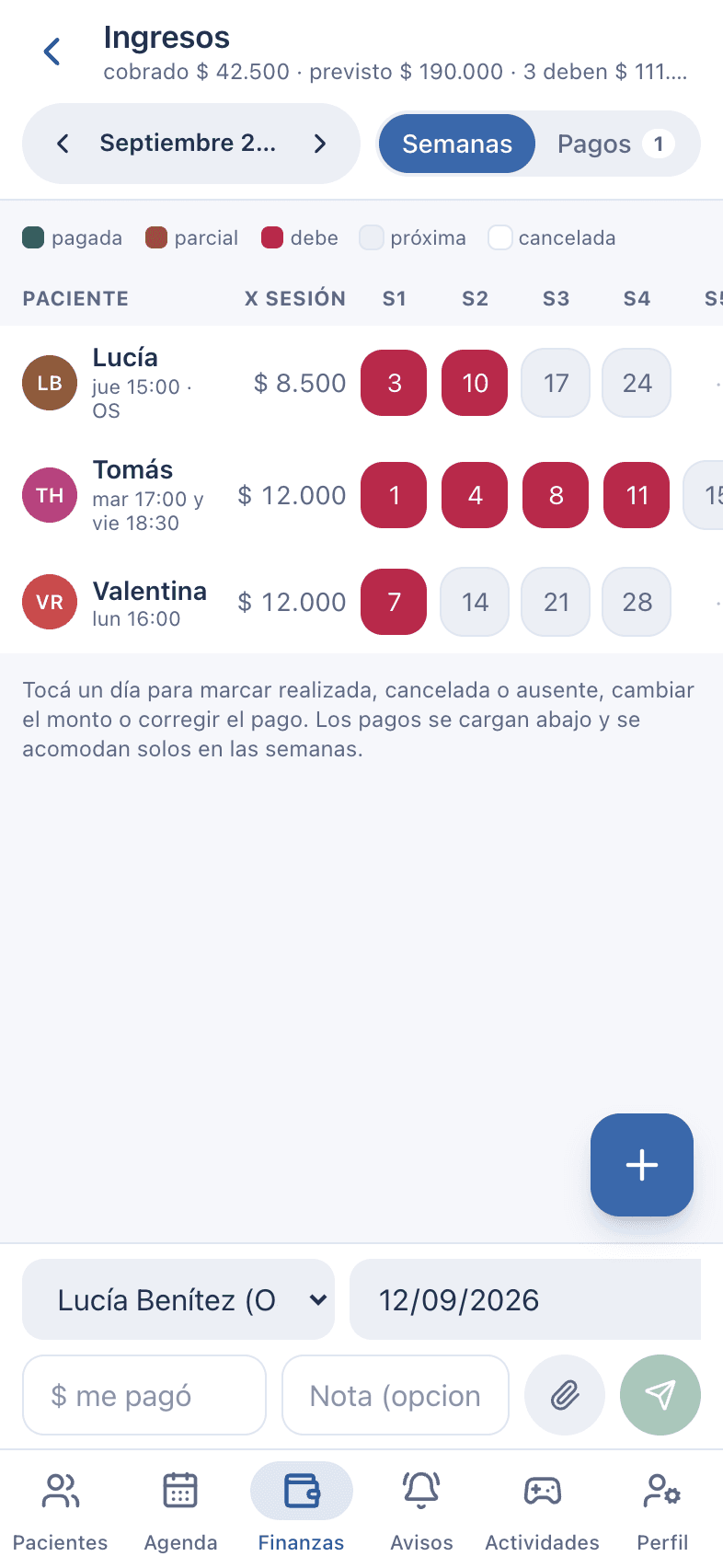 Captura: Ingresos: la grilla de cobros