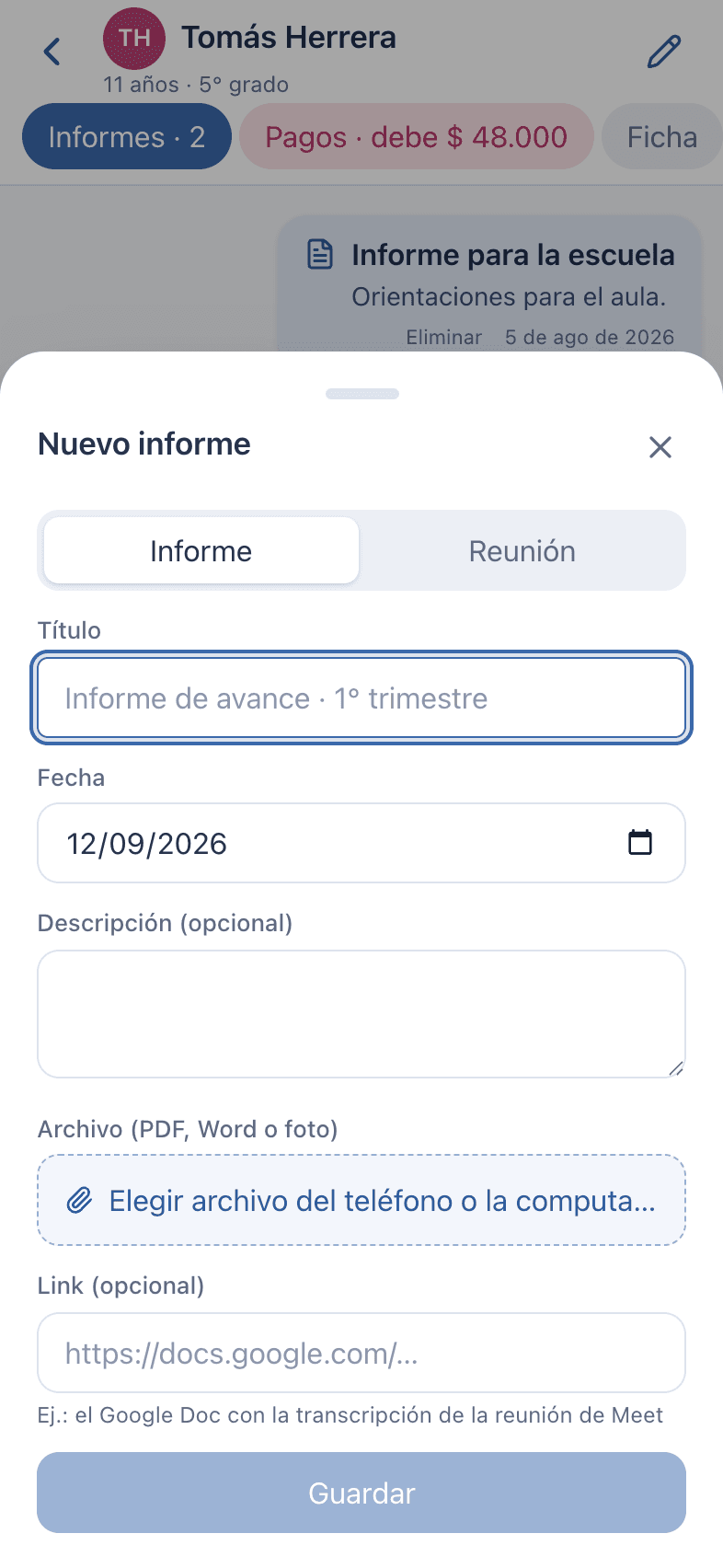 Captura: Subir un informe o anotar una reunión