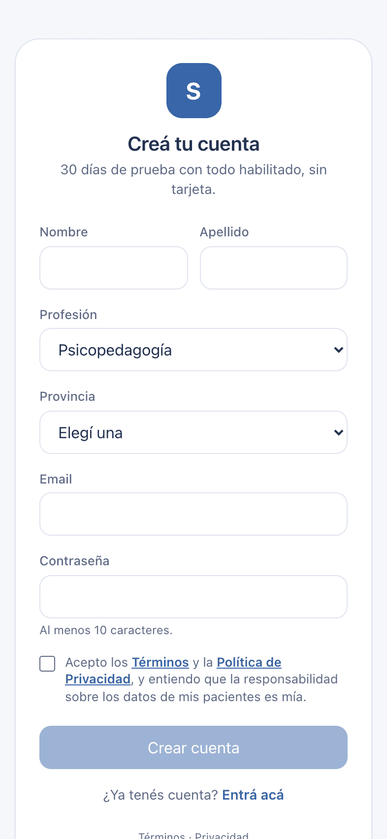 Captura: Crear la cuenta
