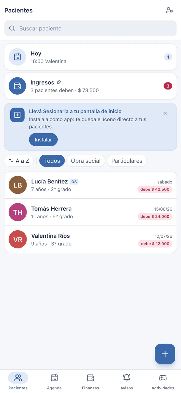 La lista de pacientes, con quién debe y cuánto.